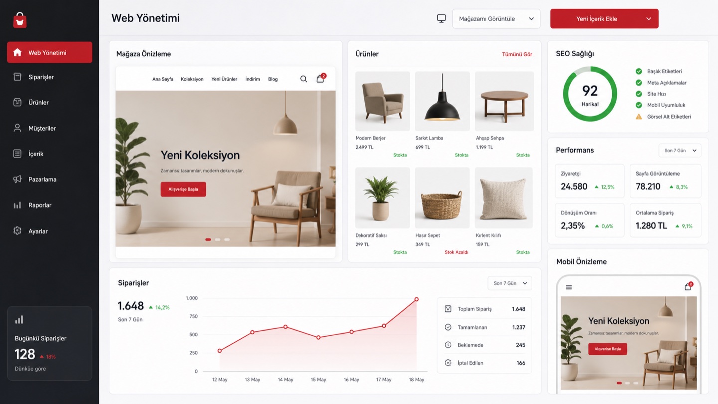 Markasız örnek web sitesi ve e-ticaret yönetim ekranı