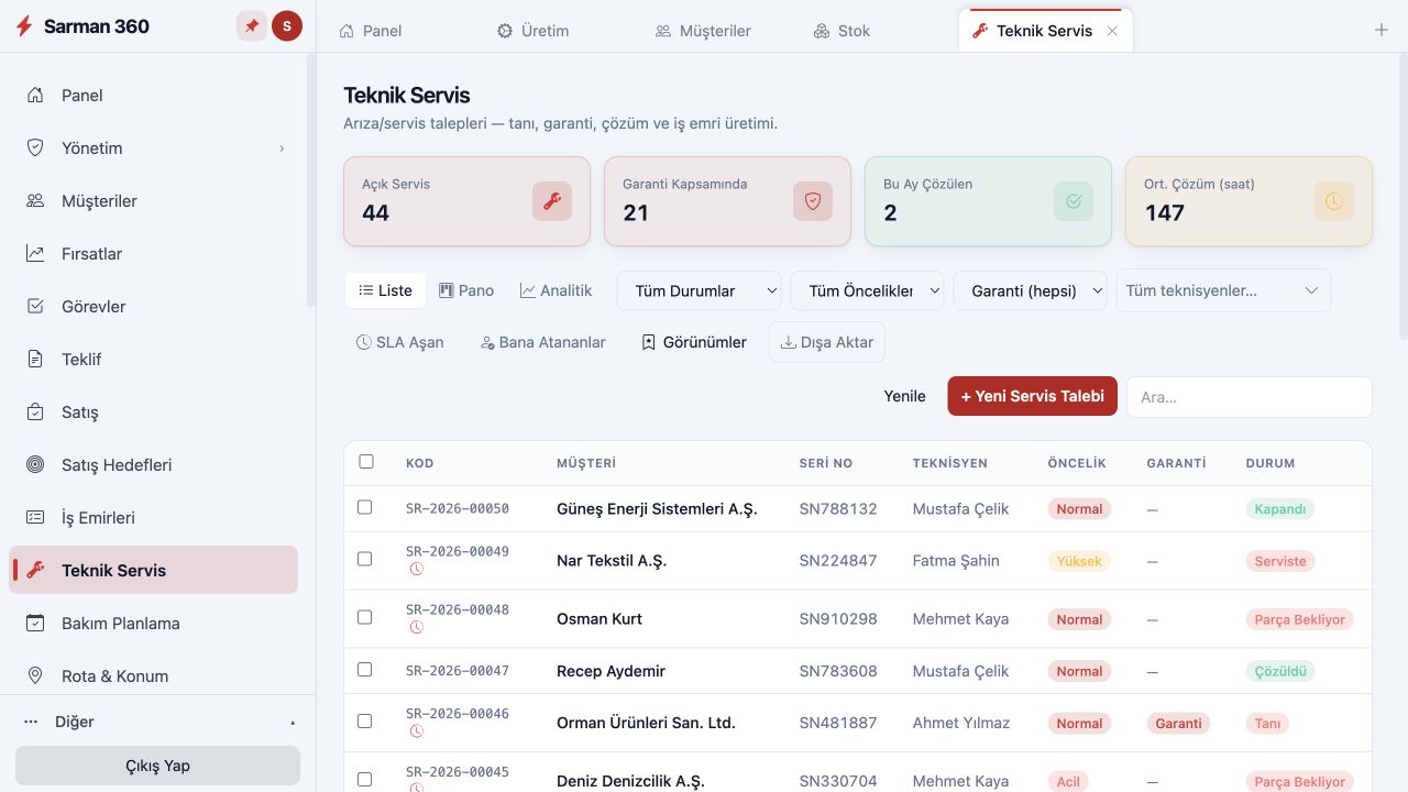 Sarman 360 · Teknik Servis ekranı